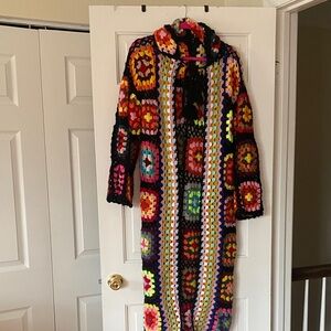 Multicolor Crochet style patch Long Cardigan Sweater hood